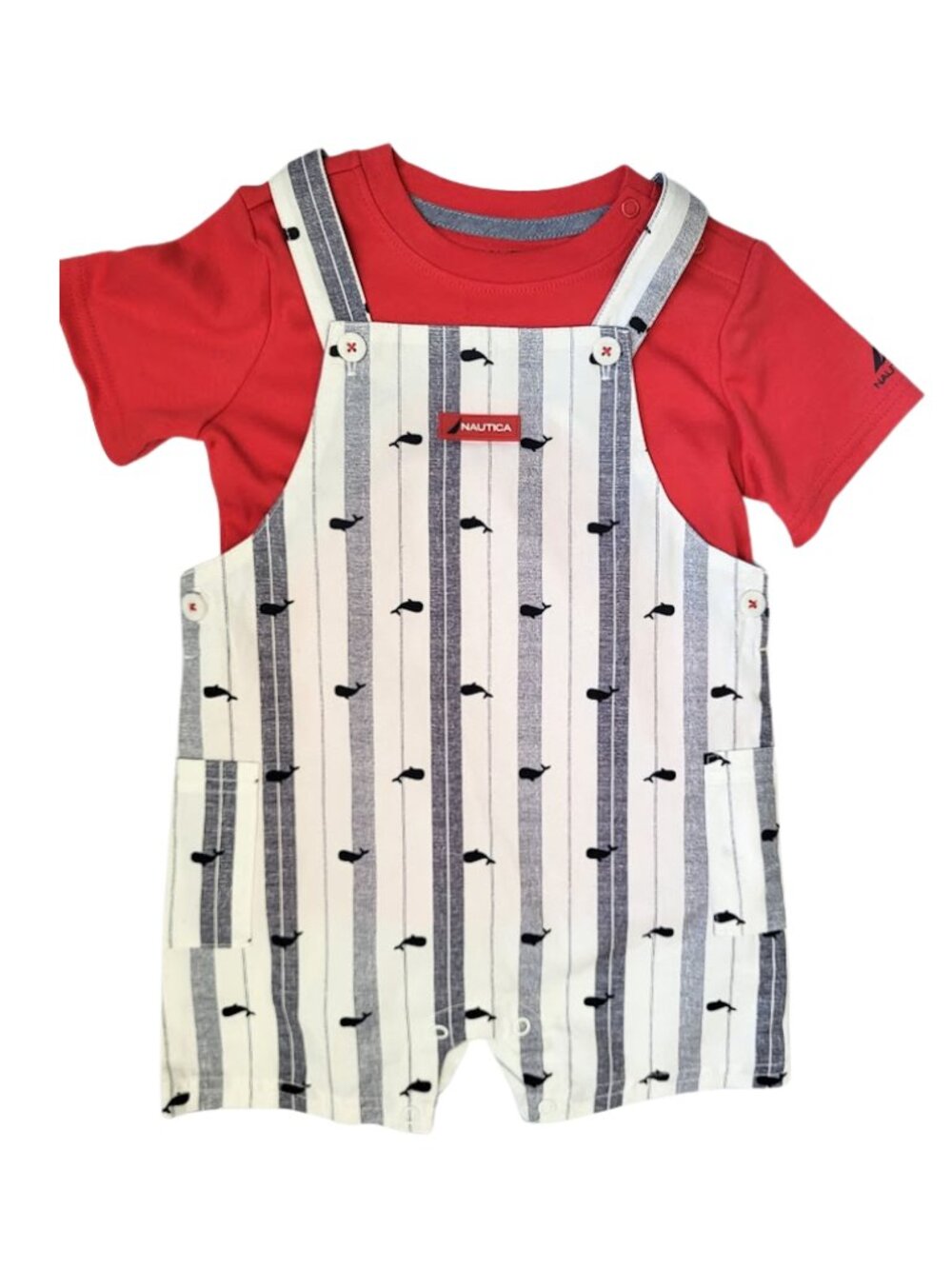NAUTICA Stripes & Whales Overall Shorts 2-Piece Set - NWT Infant Boys 24 M